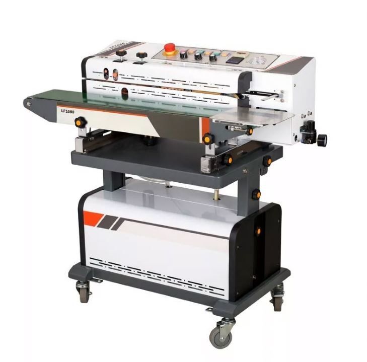 Nitrogen Gas Flushing Vacuum Continuous Band Sealer Plastik Bag Heat Sealing Machine Dengan Ink Roller Printing