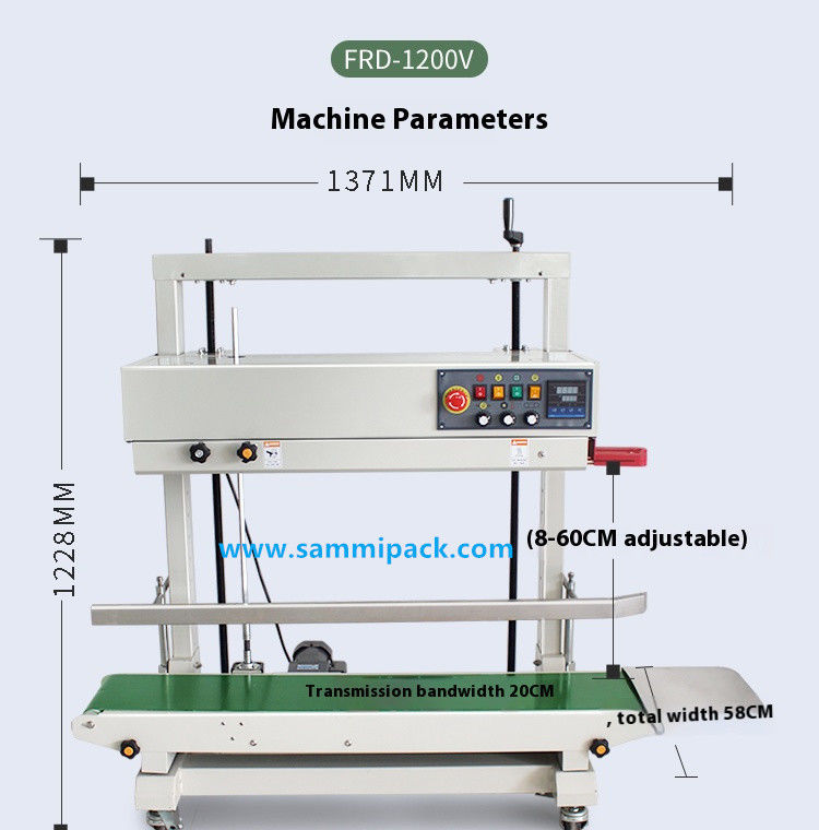 FR-1100V Electric Vertical Continuous Band Sealing Machine for Food/Beverage Plastic Bags Foil Film Pouch Packaging Machine