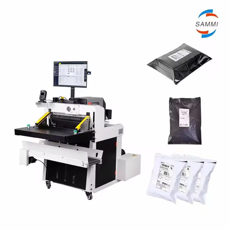 Mesin Pencetakan Barcode Scanning Automatic Printing Express Sheet PE Roll Bags Bagging Sticking Labels Sealing Packaging Machine