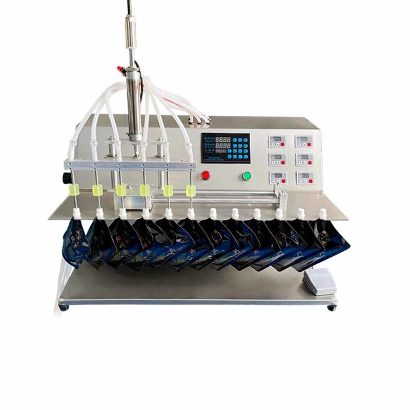 Mesin Pengisi Kantong Corong Cair Empat Kepala Semi Otomatis dengan Nozel Geser, Pengisi dan Penyegel Kantong